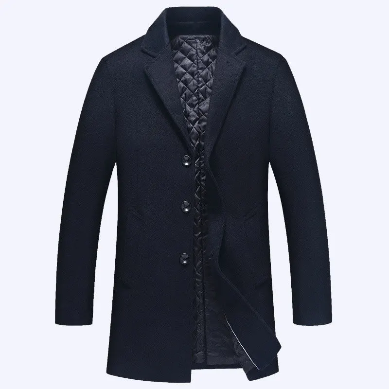 Navy Blue Для мужчин s Однобортный шерстяное пальто на подкладке из хлопка зимнее пальто, парка Для мужчин Slim Fit бушлат корейский стиль зубчатый плащ - Цвет: Navy Blue