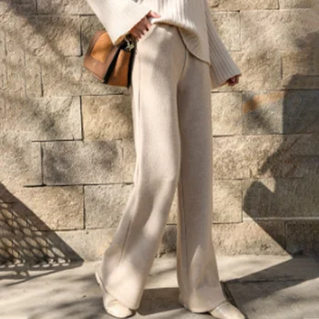 

Knitted Thicken Wide-Leg Women Long Pants High Waist Woolen Straight Mopping Trousers Female 2020 Autumn Winter Ladies Warm Pant