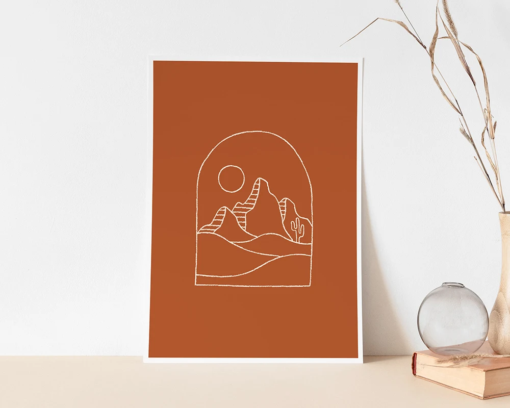 Desert Sun Art Print | Minimal Landscape Poster Line Drawing Mountains Boho Nature Wall Minimalisable Rmalcial FeatCol Дом и сад