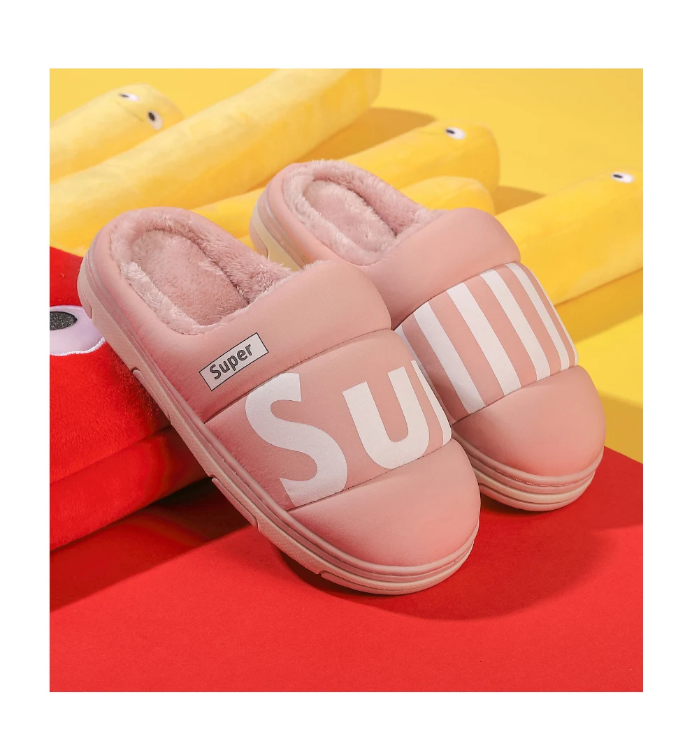 ASIFN Male Slippers with Fur Indoor Cotton Winter Men Waterproof Non-slip Warm Home Half-pack Female Slippers Couple