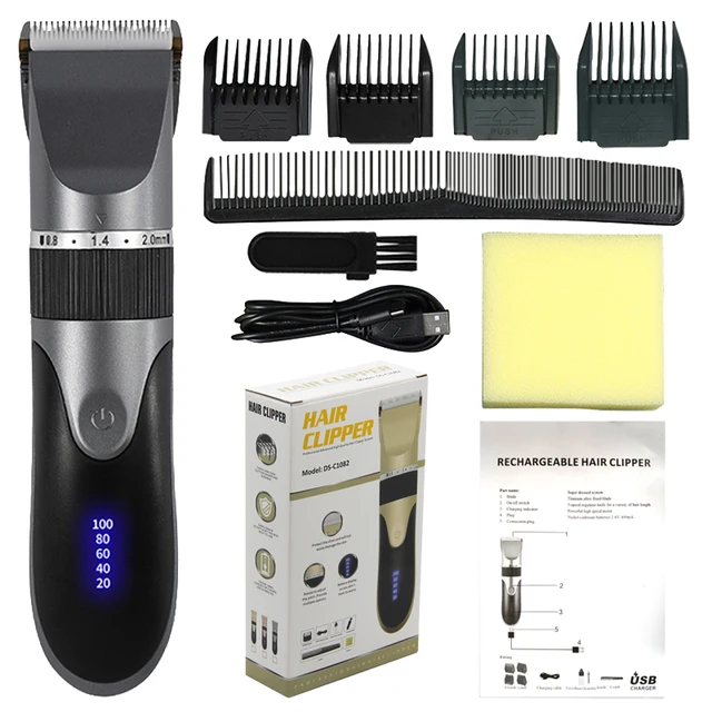 Professional Hair Clipper Men's Barber Beard Trimmer Rechargeable Ceramic Blade Hair Cutting Machine Adult Kid Haircut Low Noise gray wiht Box