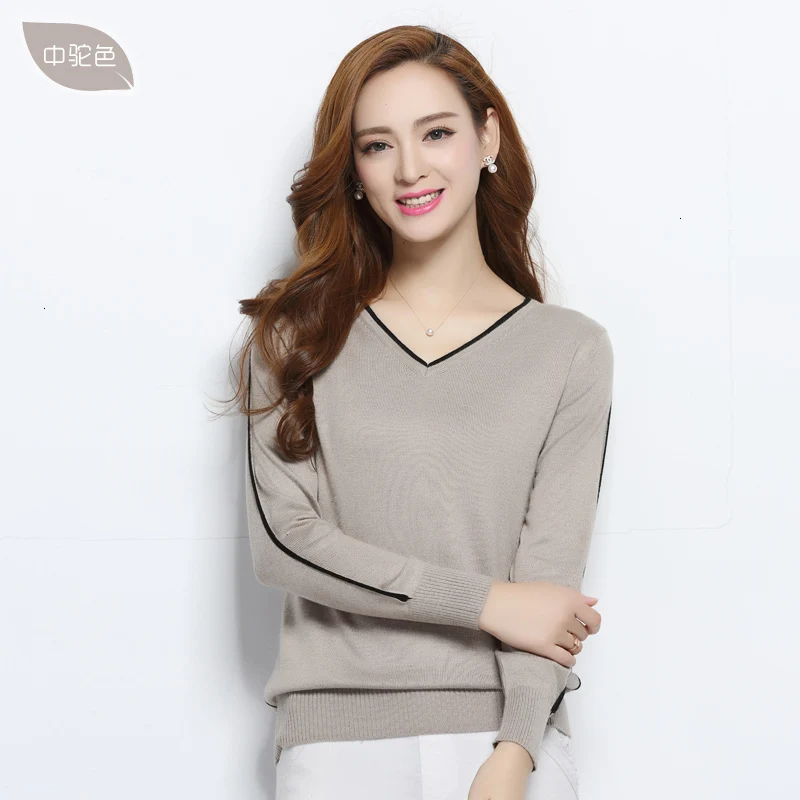 

Spring and Autumn Wool Mixed Sweaters Women Jump Neck Leather Sleeves Long Sweaters