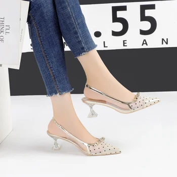 

Anance women's shoes pointed polka dot high heels bow transparent sandals cat heel net red fairy style women shoes 2020 summer