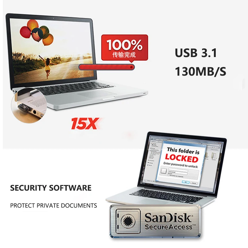 Двойной Флеш-накопитель SanDisk CZ430 USB флэш-накопитель 16 ГБ 32 ГБ 64 Гб 128 ГБ USB 3,1 мини USB флэш-накопитель до 130 МБ/с. крошечные pendrive Memory Stick