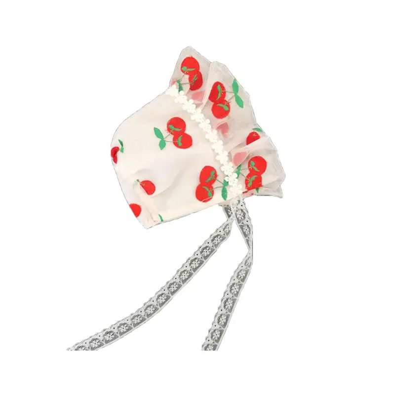 

2019 Baby Girls Spring and Summer Thin Hat Cherry Print Pattern Lace Princess Hats Visor Newborn Mesh Cotton Cap