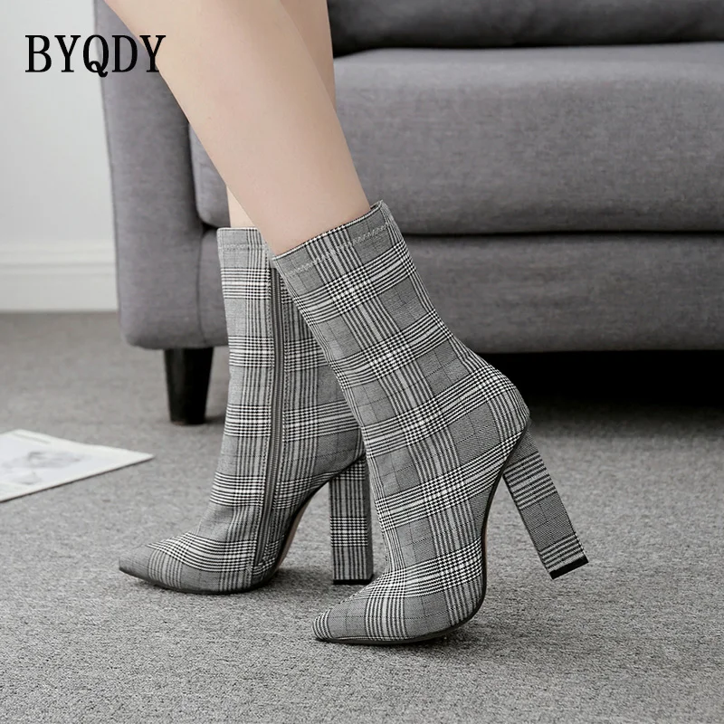 

BYQDY Cotton Fabric Woman Boots Plaid Ankle Boots Pointed Toe Square High Heels Winter Autumn Shoes Side Zipper Short Boots 42