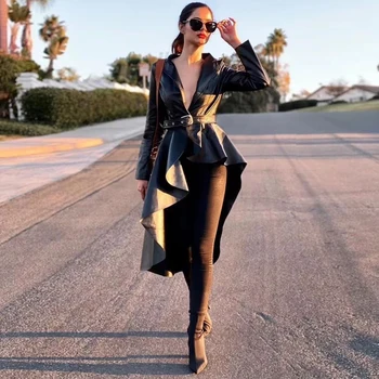 

Fashion Runway Black PU Leather Jacket Personality Adjustable Waist Irregular PU Jacket with Belt Long Leather Women Jackets