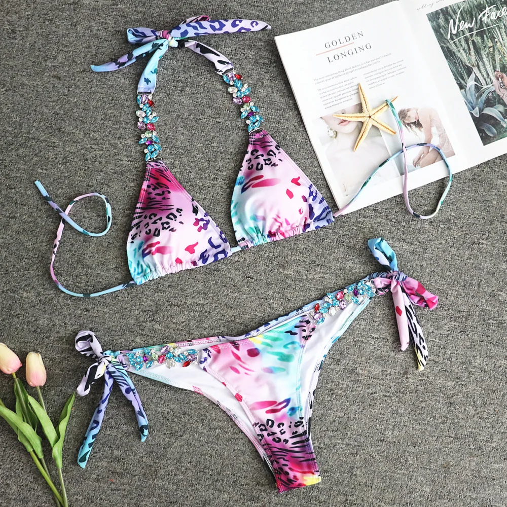

Rhinestone Bikini 2019 Crystal Diamond Swimsuit Women Metal Chains Halter Push Up Swimwear Bandeau Bathing Suit Thong Biquini