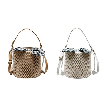 

JHD-2Pcs Women Straw Bags Summer Female Bowknot Beach Bags Women Designer Casual Tote Ladies Vintage - Khaki & White