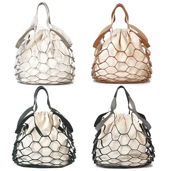 

Hollow Out Mesh PU Leather Bag Summer Beach Bag Handbags Bucket Bag Leisure Large Capacity Cloth Women Composite Bag Dropship