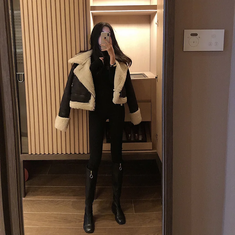 2019 Winter High -Quality Jacket Female Suede Lamb Keep Warm Wool Coat Motorcycle Lapels Coat Female Thicker Jacket Women black
