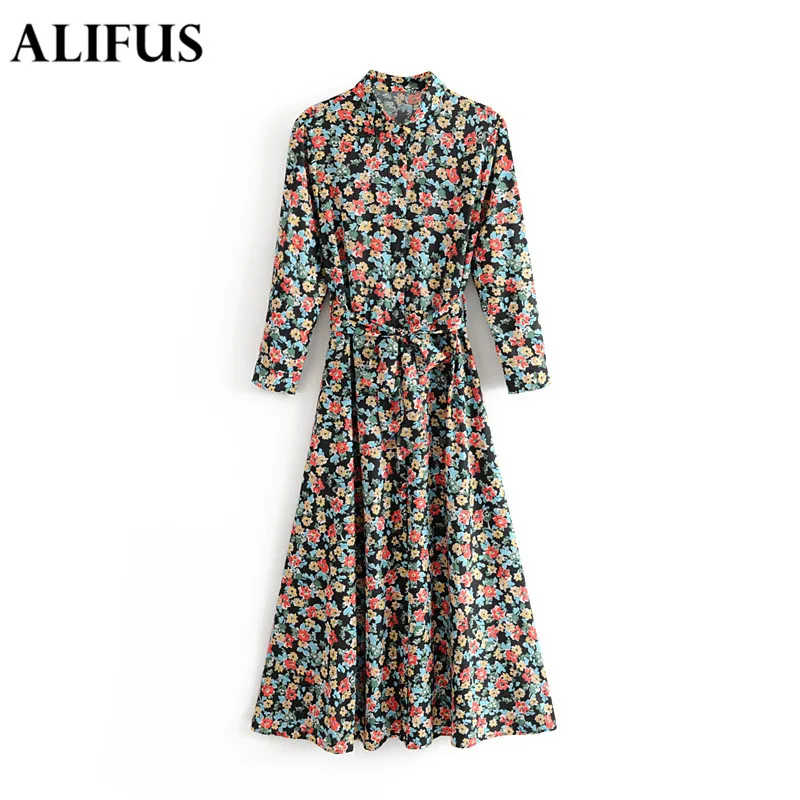 

Fashion Za Vintage Women Floral Print Long Sleeve Dress Elastic Fabrics Sashes Waist Silm Long Length vestido elbise robe Autumn