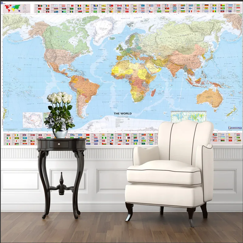 Пользовательские HD карта мира с национальными флагами Настенные обои для офиса гостиной кабинет настенные фрески 3D обои для дома Deocr