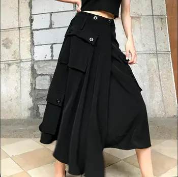 

2020 Women Spring Autumn New Street Style Black High Waist Irregular Hem Skirt Casual Loose Pocket Patchwork Half Body Skirt