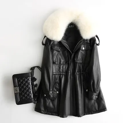 black beige fur Женская куртка из натуральной кожи, Осень-зима, 90% утиный пух, куртка для женщин, натуральный Лисий мех, настоящая овчина, пальто, Chaqueta Mujer - Цвет: black beige fur
