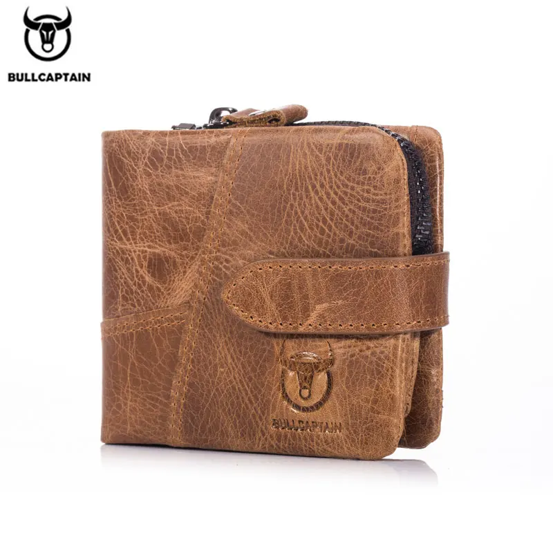 Продажа BULLCAPTAIN, винтажный кожаный бумажник с тремя сложениями, мужской короткий кошелек на застежке, повседневные мужские кошельки на молнии, держа...
