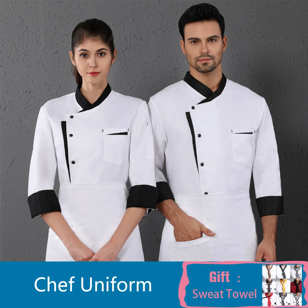 Треугольник на одно плечо Длинный рукав шеф Униформа высокого качества унисекс кухня рабочая куртка кафе ресторанное обслуживание Парикмахерская рубашка - Цвет: White