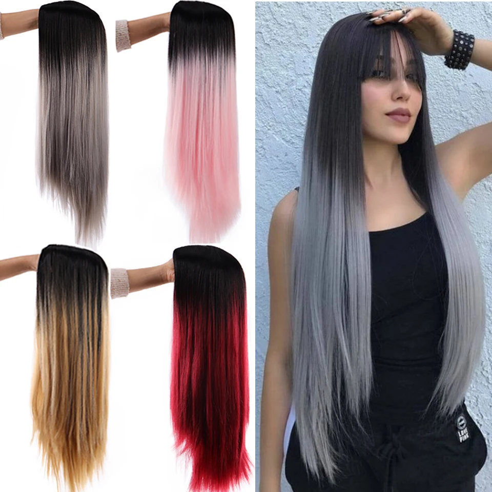 

LUPU Miss African American Sister with Long Straight Hair, For Girl Elf Pink Mixed Gold Long Hair Synthetic Wig Heat Resistant