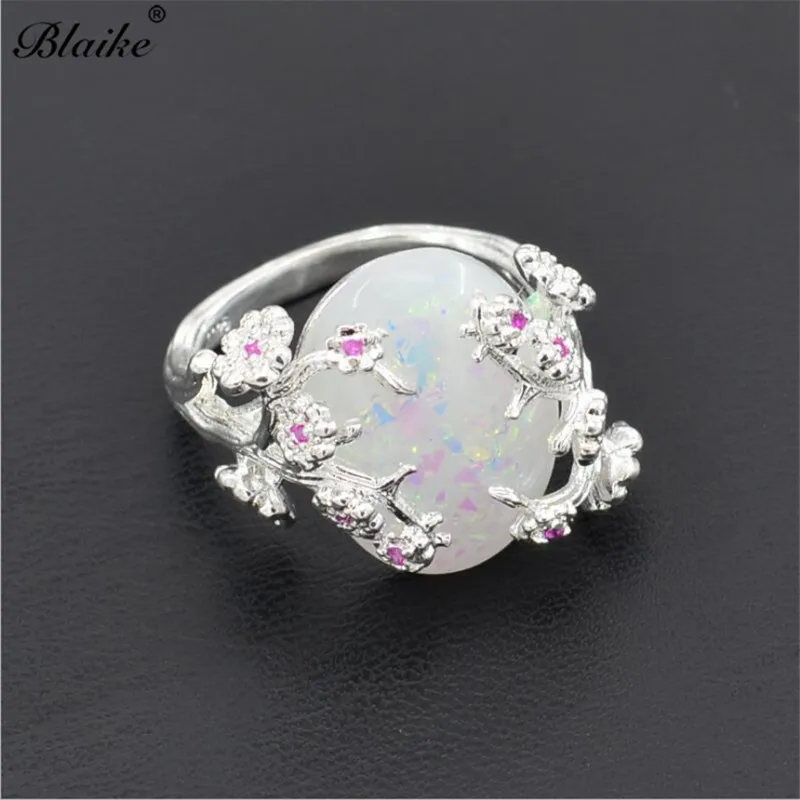 Blaike 925 серебро цветок сливы кольцо белый овальный огненный опал кольца для женщин Свадебная вечеринка ювелирные изделия юбилей подарки
