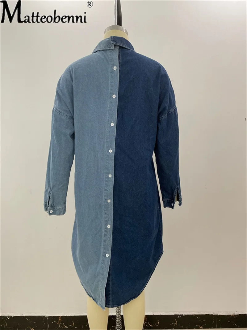 2021 Women Spring Autumn Casual Loose Denim Jacket Ladies Contrasting Color Mid-Length Jacket Coat Single Breasted Jean Jacket