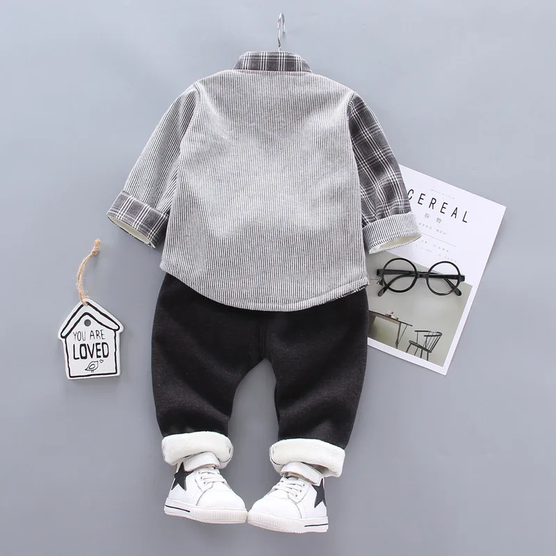 Одежда для мальчиков с плюшевой подкладкой, полосатый топ в клетку с вышивкой для мальчиков, верхняя одежда года, детский костюм на год для малышей