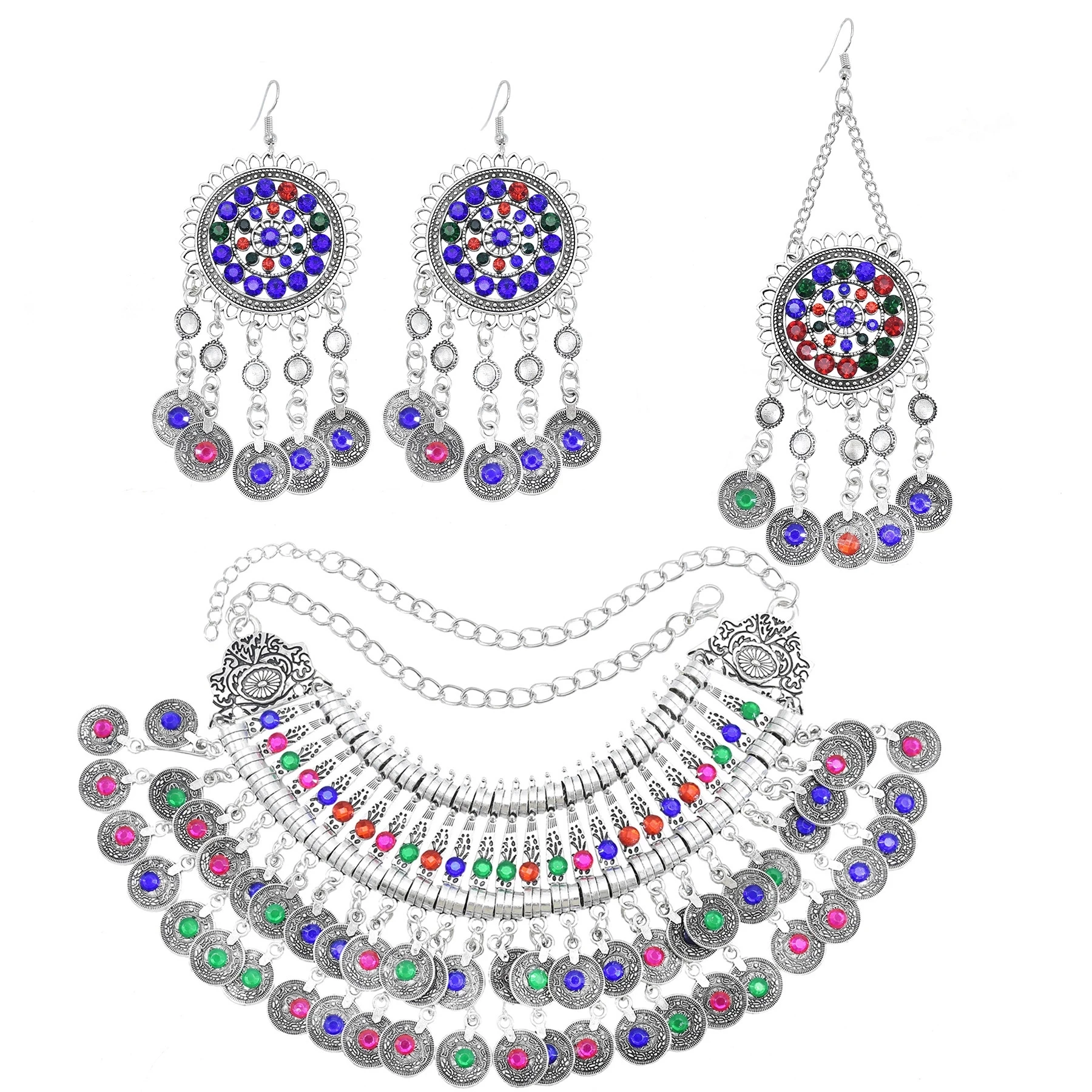 Pendientes de collar de moneda de diamantes de imitación de Color Vintage para mujer, Clip de pelo Tribal étnico, conjuntos de joyería de declaración de gitana turca afgana