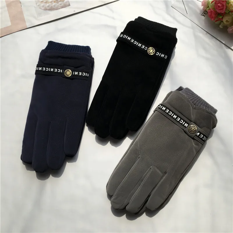 

Simple Letters Men's Gloves Riding Waterproof Windproof Warm Double Layer Lamb Velvet Finger Touch Screen Gloves Handschoenen