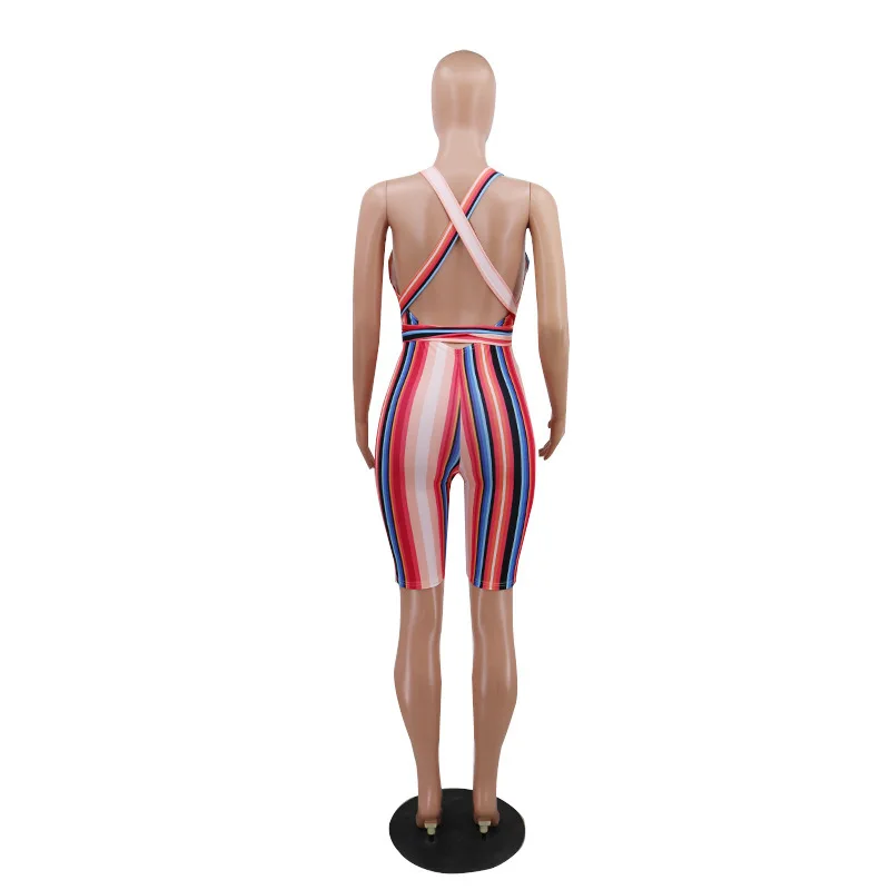High Elastic Summer Club Party Bodysuits For Women Striped Spliced Backless Slim Outfit Casual Deep V Neck Sleeveless Jumpsuits