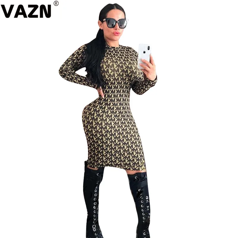 VAZN PN6258 осеннее Новое поступление, высококачественное винтажное сексуальное офисное модное эластичное женское платье средней длины с длинным рукавом