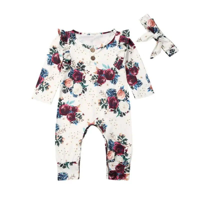 

Spring Autumn 2PCS Newborn Baby Girls Long Sleeve Casual Lovely Flower Ruffles Romper Jumpsuit Overall Clothes Set