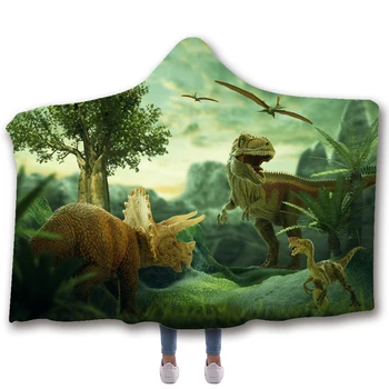 

Anime Jurassic Park Printed Plush Hooded Blanket For Adults Kid Warm Home Sofa Wearable Double layer Fleece Throw Blankets