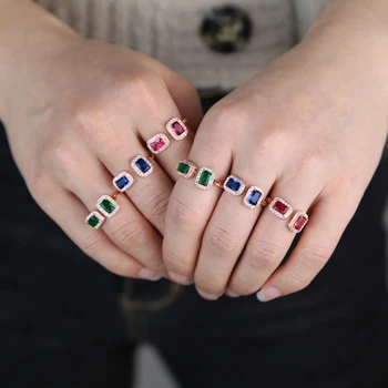 

colorful cz birthstone open women ring rose gold blue red green colored cubic zirconia jewelry