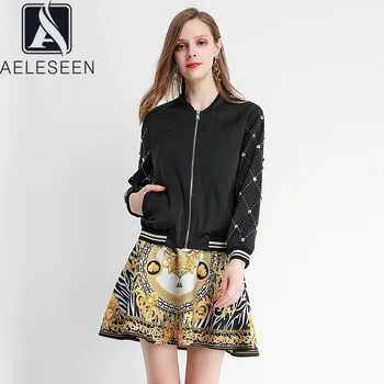 

AELESEEN 2020 Spring High Street Design Twinset Office Lady Retro Metal Button Decoration Jacket + Runway Print Mini Skirt Set