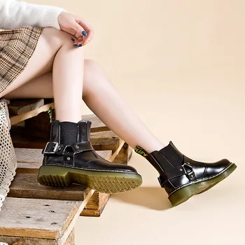 

Women's Chelsea Boots Quality Genuine Leather Shoes Autumn Women Black Ankle Boot Slip-on Ladies Platform Shoes Plus Size 35-44