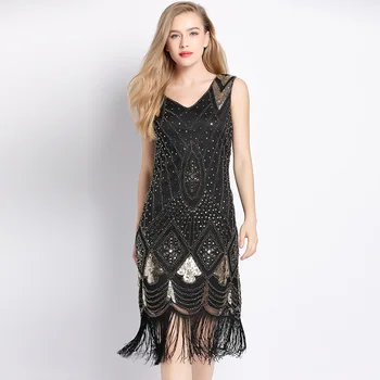 

2020 The New Listing Sequin Dress Women Elegant Fashion High-end Luxury Party Club V-neck Gold Beaded Tassel Ladies Dresses