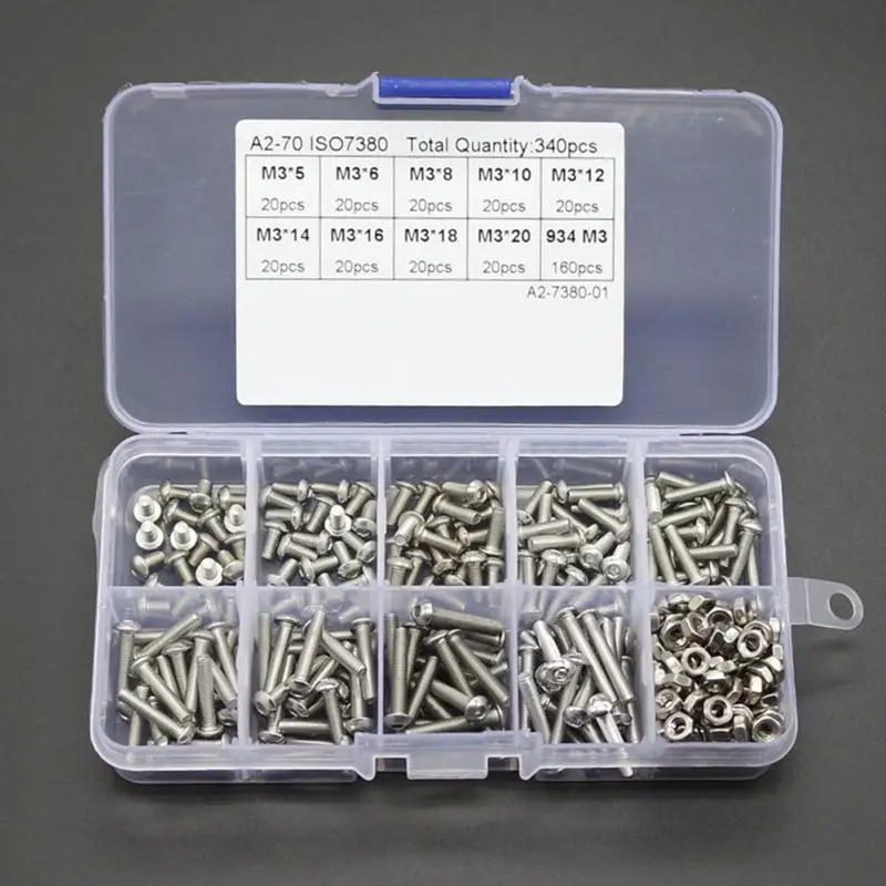 

340pcs/box M3 Stainless Hex Socket Button Head Screws Bolt Nut Assortment Kit Hardware Fasteners Nut Bolt Sets #63