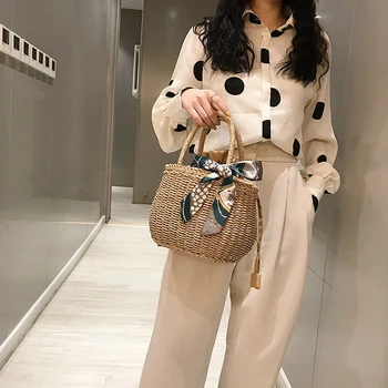 

Handmade Woven Straw Handbags Retro Women Beach Travel Vacation Drawstring Totes for Outdoor Shopping Traveling Ornaments