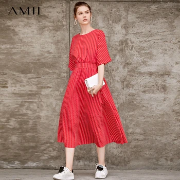

AMII Spring Summer Vintage Simple Lady Dress Waist Design A Pattern Bandage Loose Mid Long Dress 11980060