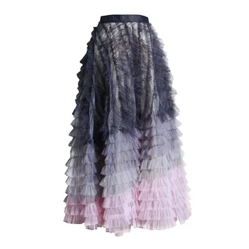 

Summer Rurrfle Maxi Skirt Women 2020 Agaric Contrast Color Cake Skirt Irregular Oversize Flounces Gradient Yarn Skirt
