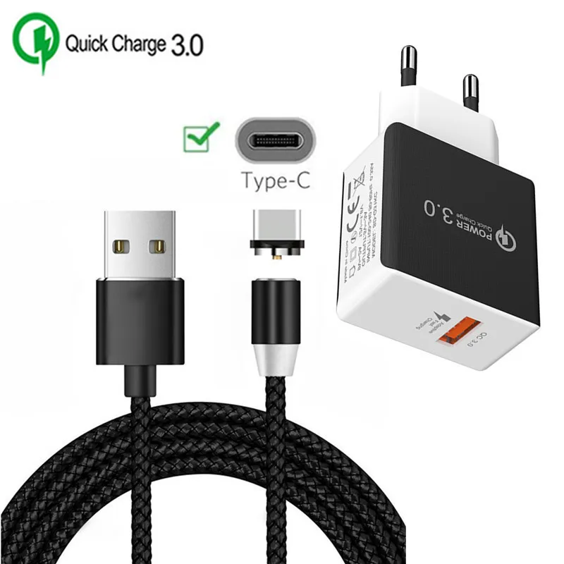 EU charger and cable Magnetic USB Cable QC 3.0 Fast Charger Type C Magnet Charge Wire for Samsung S8 S9 S10 A50 Sony Xperia 10 Plus XA1 XA2 XZ3 LG G6 - Тип штекера: EU charger and cable