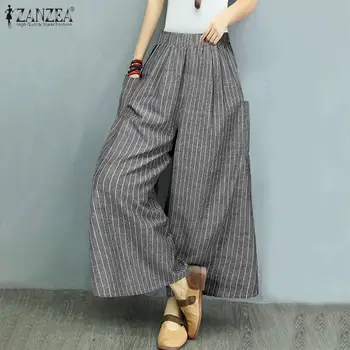 

ZANZEA Women's Pants Casual Pockets Wide Leg Pants 2020 Vintage Stripe Printed Long Trousers Elastic Waist Pantalon Palazzo 5XL