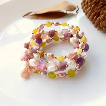 

Lii Ji 6-7mm Streched Baroque Pearl Bracelet Amethysts Lemon Jades Pink Tourmaline Carnelian Elastic Bracelet For Women or Girl