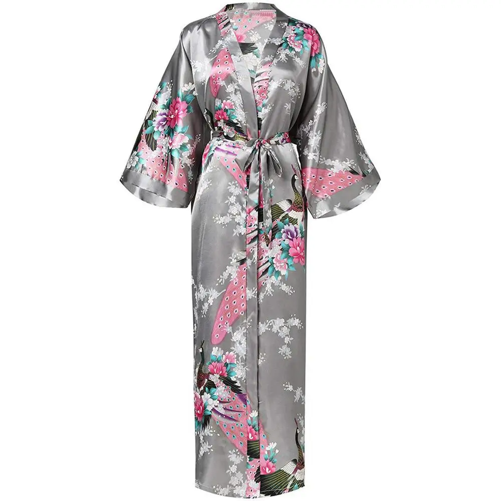 Цветочный женский сексуальный халат, пижама размера плюс 3XL, длинная ночная рубашка, атласный женский ночной халат, банное платье невесты, подружки невесты, свадебное кимоно - Цвет: Grey 2