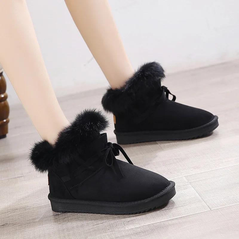 Black W-Explosion/модные снежные сапоги сладкие, однотонные, с бантиком, короткие, бархатные, толстые, плоские, теплые, круглый носок, женская обувь из хлопка - Цвет: Black
