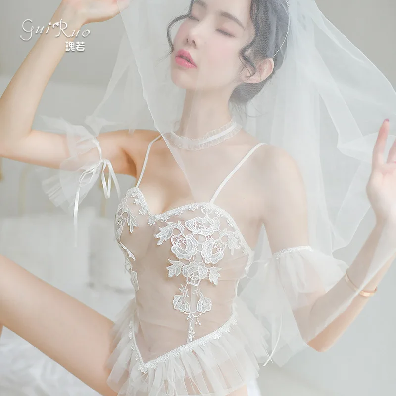 Белое сексуальное кружевное свадебное платье GauzeBridal прозрачное сексуальное нижнее белье соблазнительное Нижнее белье женские пижамы пижамный комплект