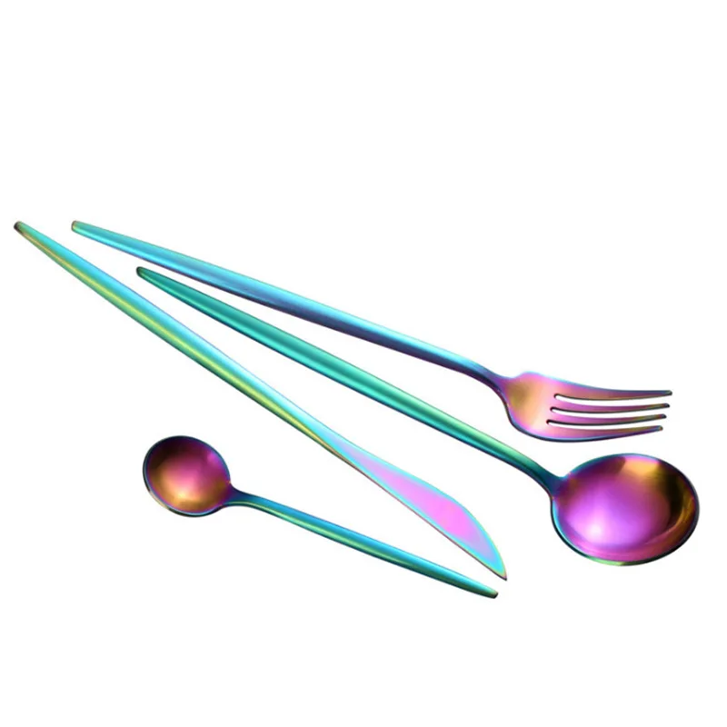 Столовый набор из 304 нержавеющей стали, столовая посуда с фиолетовой ручкой, золотой набор серебряных изделий, вилка, нож, ложки, столовые приборы, набор домашней посуды - Цвет: LF5rainbow1set