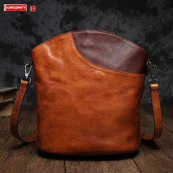 

Genuine Leather Bag Female 2020 New Leather Women Small Bucket Bag Retro Hit Color Handmade Shoulder Messenger Bags Ladies Soft