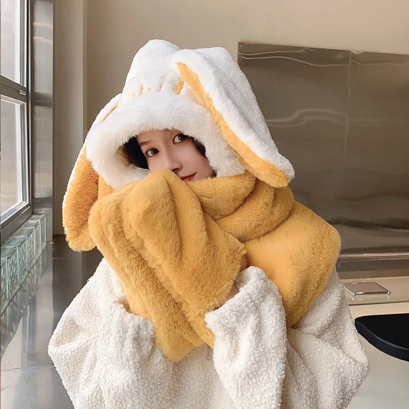 Cute Multi-function Scarf Hat Glove Set Women Woolly Kwaii Rabbit Big Ear Bunny Winter Warm Thickening Pocket Hats Hooded |
