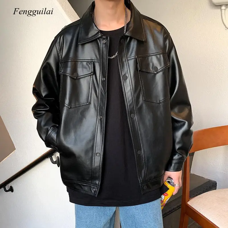 2021 Spring New Loose Soft Leather Single Breasted Casual Biker Men Jacket