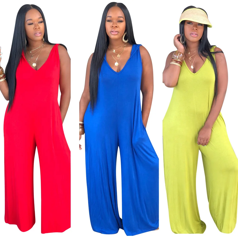 

2020 Summer Women Jumpsuit European And American Hot Style Model Solid-color Deep V-neck Spaghetti Strap Sexy Loose Rompers